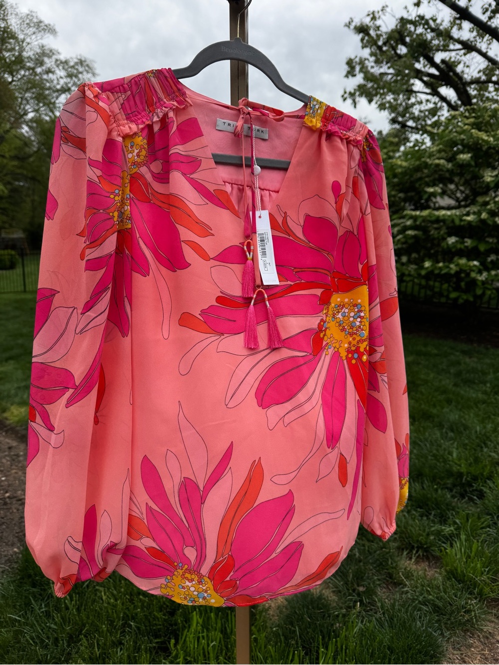 Nwt $248 Trina Turk Women's Pink Tropicana Long-Sleeve Blouse Watson Top S Small